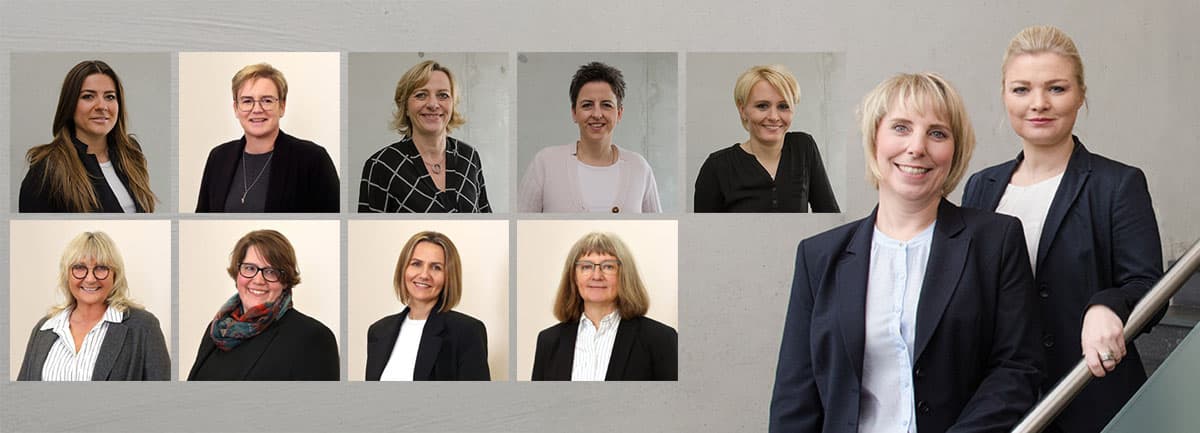 Das Team der THP Steuerkontor: Porträts der Mitarbeiterinnen vor einer Betonwand